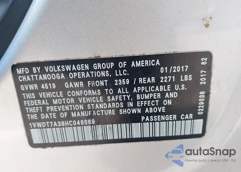 2017 Volkswagen Passat 1.8T R-Line z USA, uszkodzony, nr VIN 1VWDT7A38HC048069